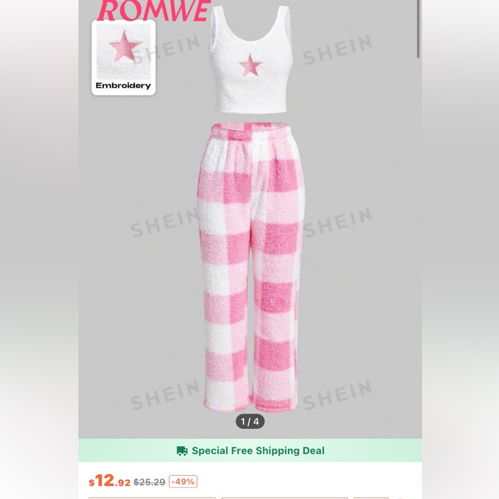 ROMWE Kawaii Star Print Tank Top & Plaid Print Pants PJ Set